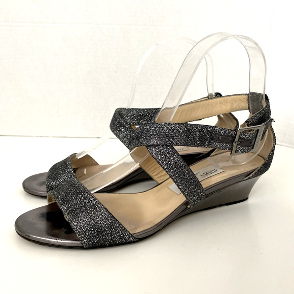 JIMMY CHOO Sandal Chiara‎ Anthracite Leather Glitter Wedge Silver Metallic 37.5 - Picture 6 of 14